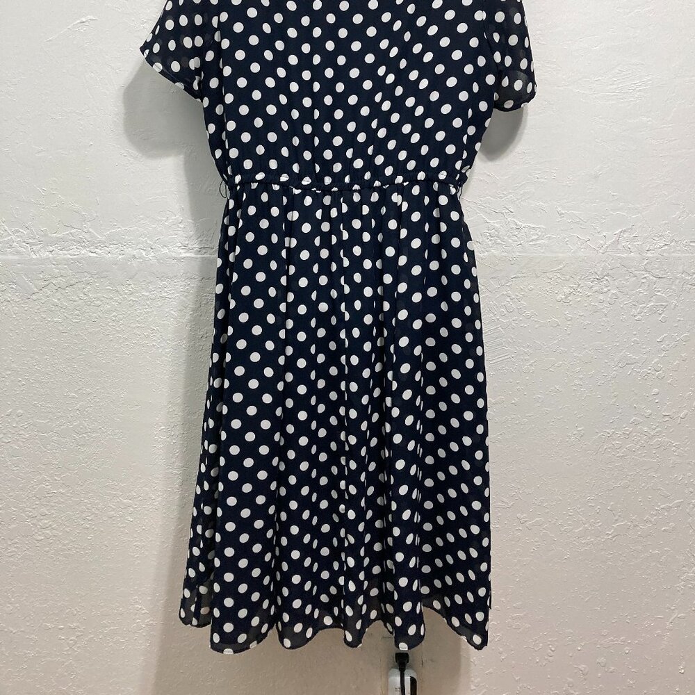 VINTAGE Brown Stone Studio Midi Dress Button Front Blue Polka Dot Cottage Sheer - Picture 4 of 13